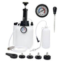Brake bleeder pressure pump kit with gauge, catch bottle, hose, and adapters