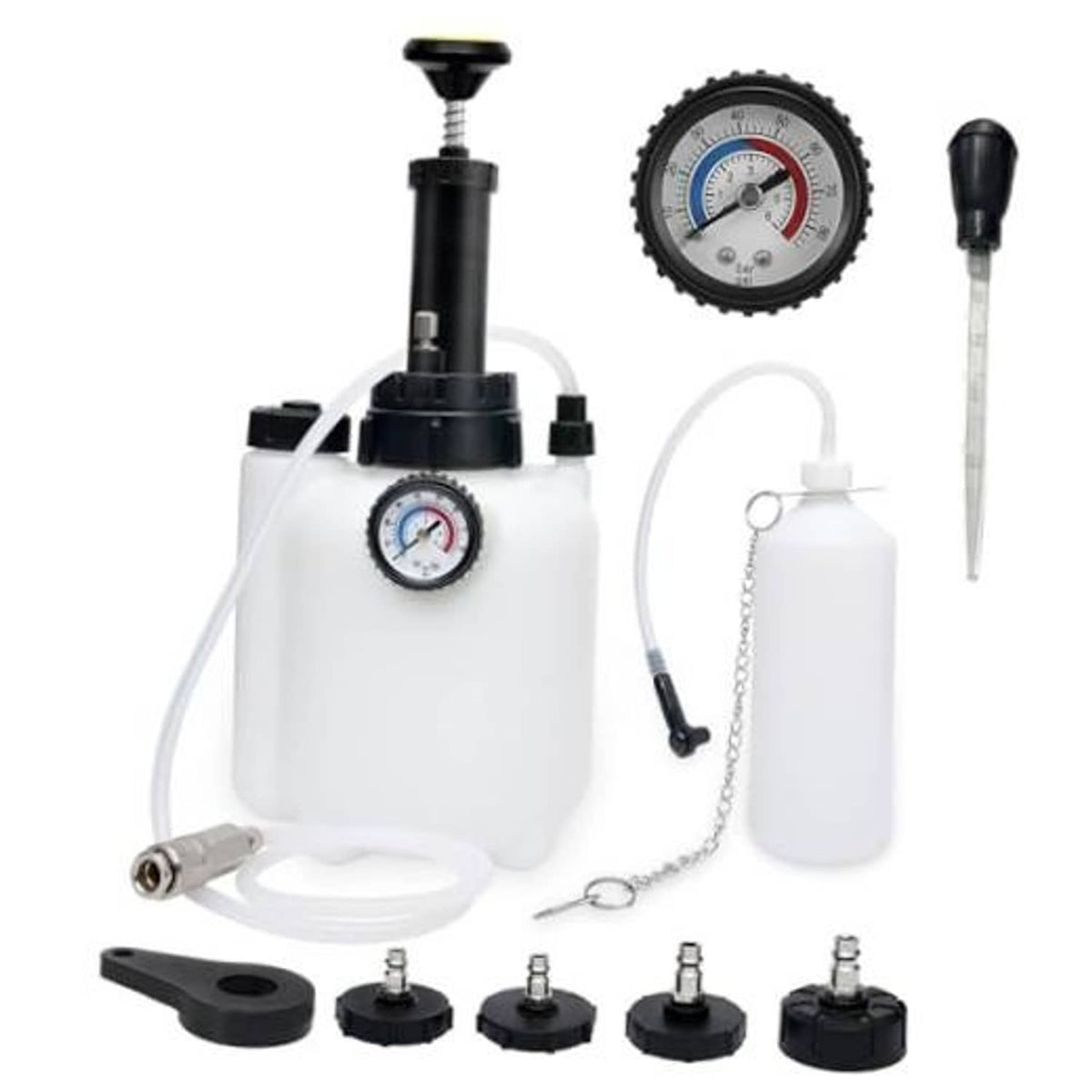 Brake bleeder pressure pump kit with gauge, catch bottle, hose, and adapters