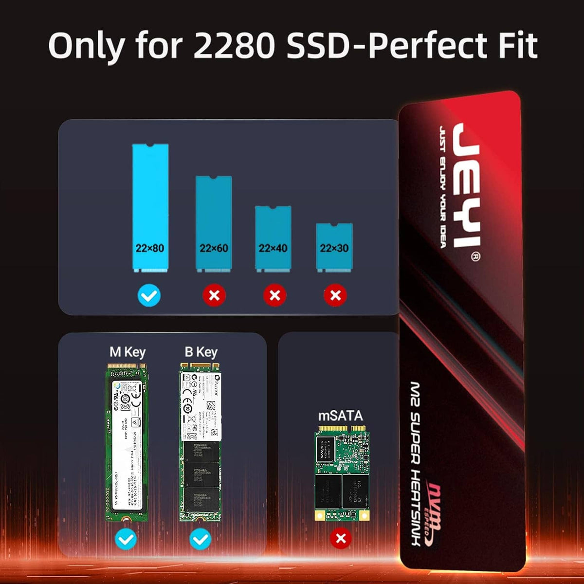 M.2 SSD heatsink thermal film set showing 2280 fit and key compatibility icons
