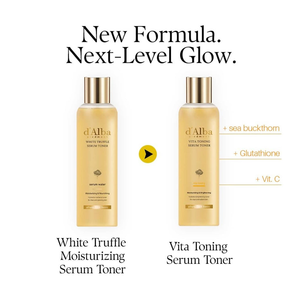 Two d'Alba toner bottles: white truffle moisturizing serum toner and Vita Toning serum toner