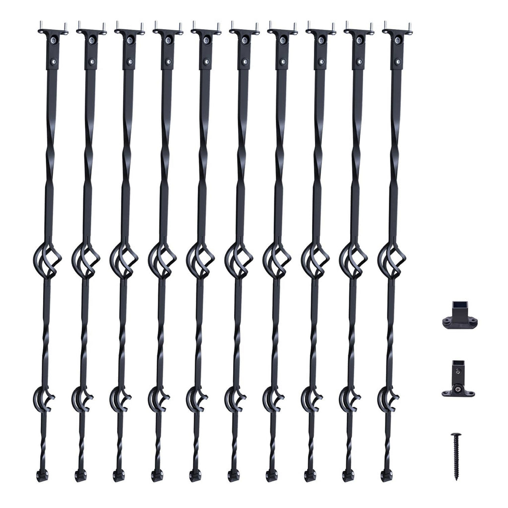 Set of 10 black steel deck balusters with double-basket scroll loops and mounting hooks