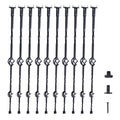 Set of 10 black steel deck balusters with double-basket scroll loops and mounting hooks