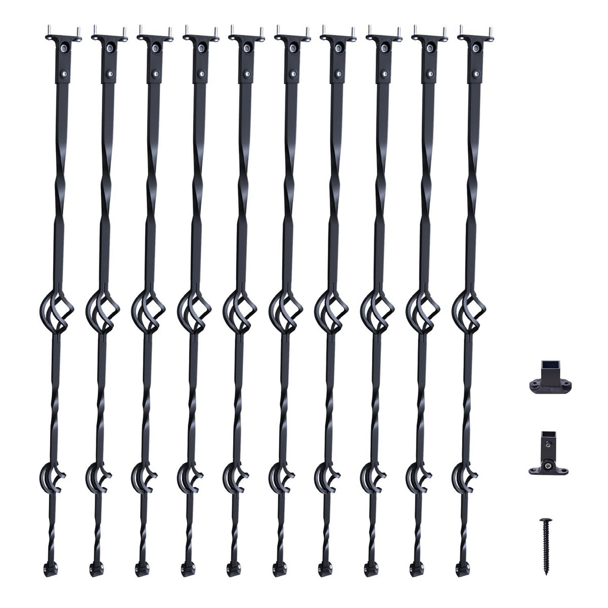 Set of 10 black steel deck balusters with double-basket scroll loops and mounting hooks