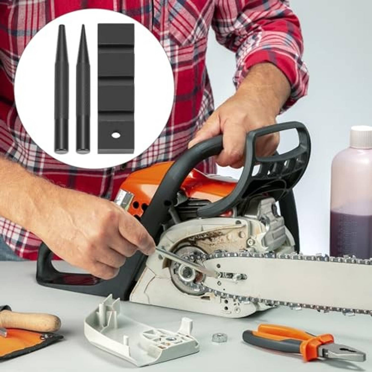 Person using a chainsaw with chain repair kit shown nearby, including two breaker pins