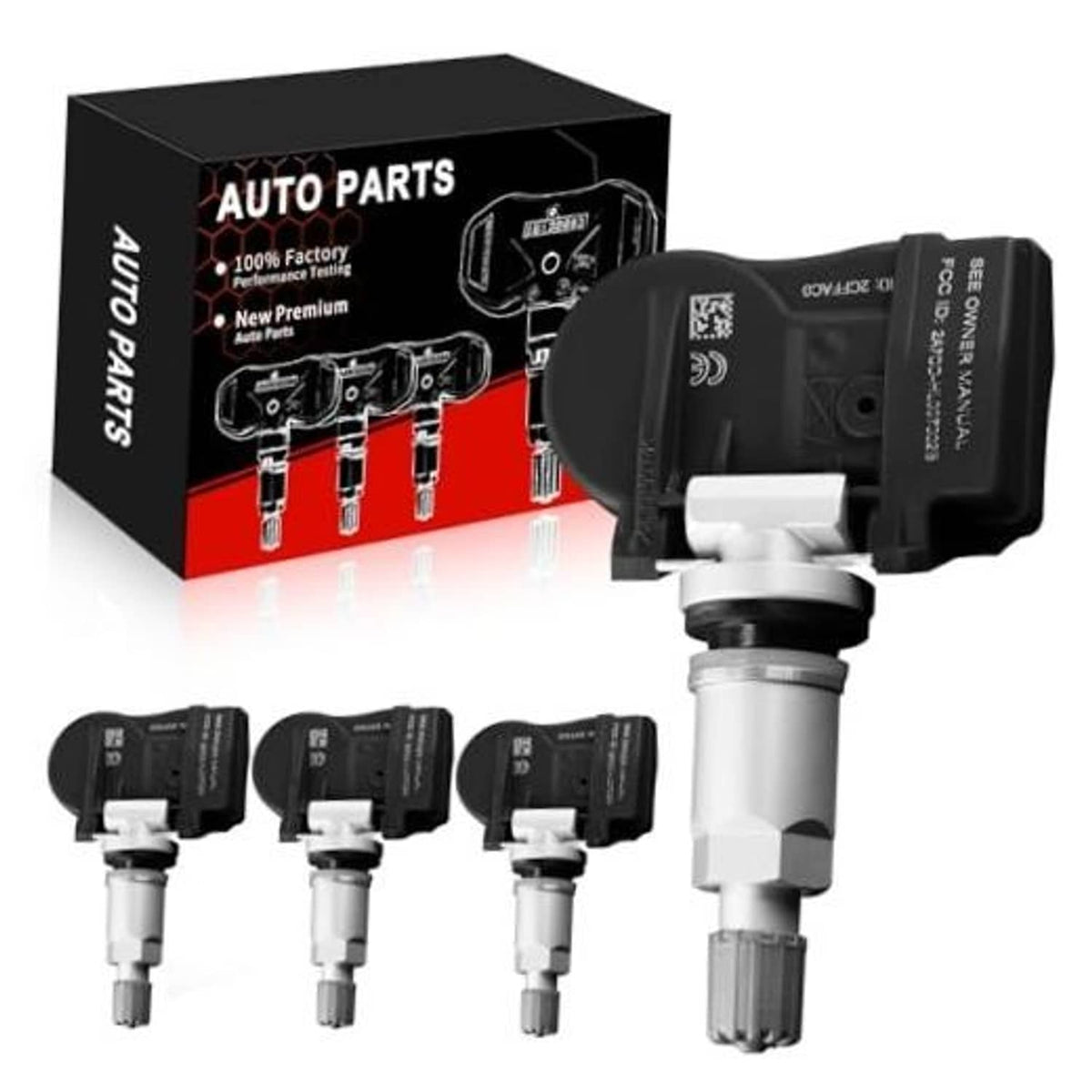 Set of pre-programmed TPMS sensors, multiple black housings with silver valve stems
