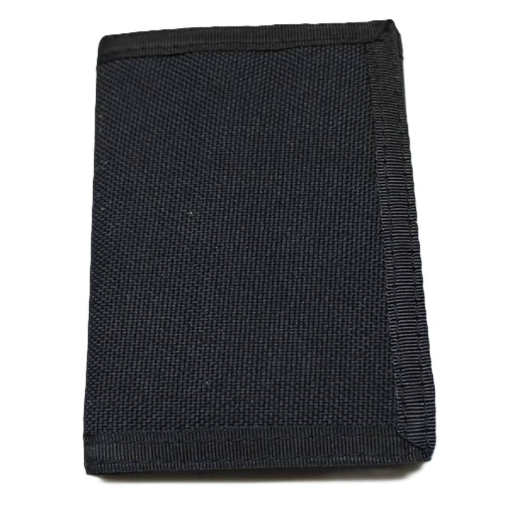 Black nylon credit card wallet with stitched edge, folded