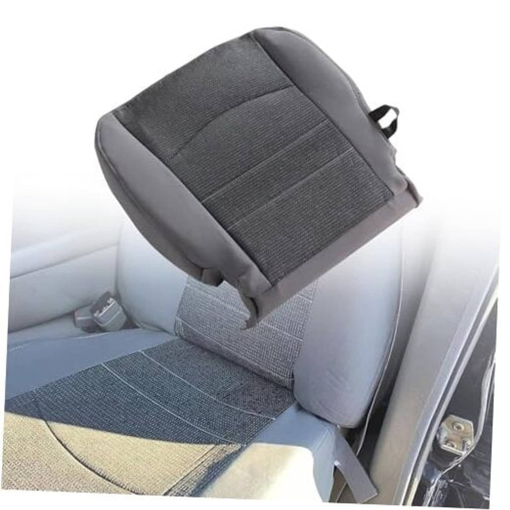 Front driver seat bottom replacement cover, dark gray cloth with textured center panel.