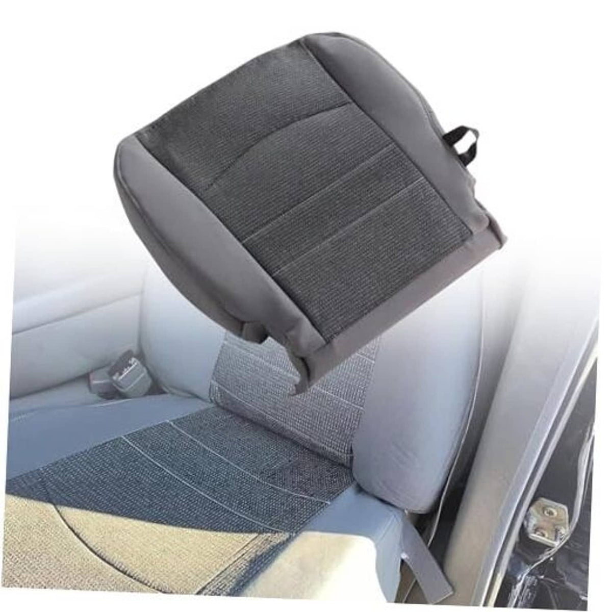 Front driver seat bottom replacement cover, dark gray cloth with textured center panel.