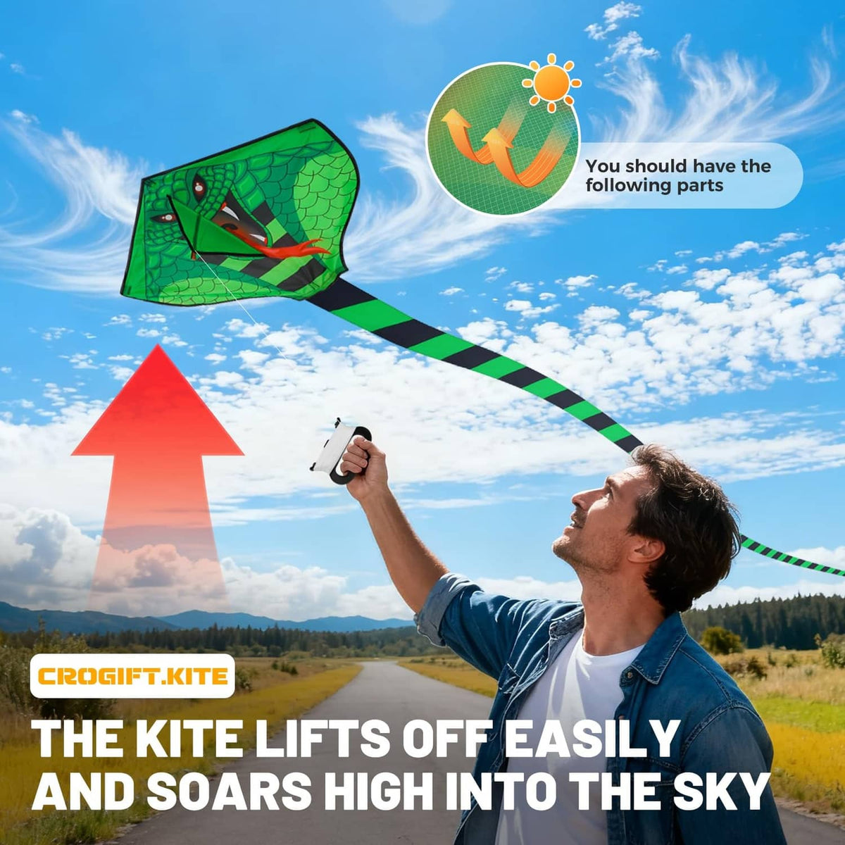 Green scaly animal kite with black-and-green striped body and multicolor tail
