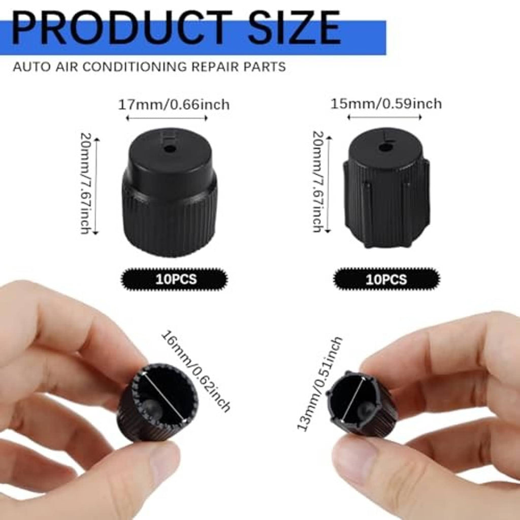 Black air conditioning valve core caps in two sizes, held by hands for fit checking