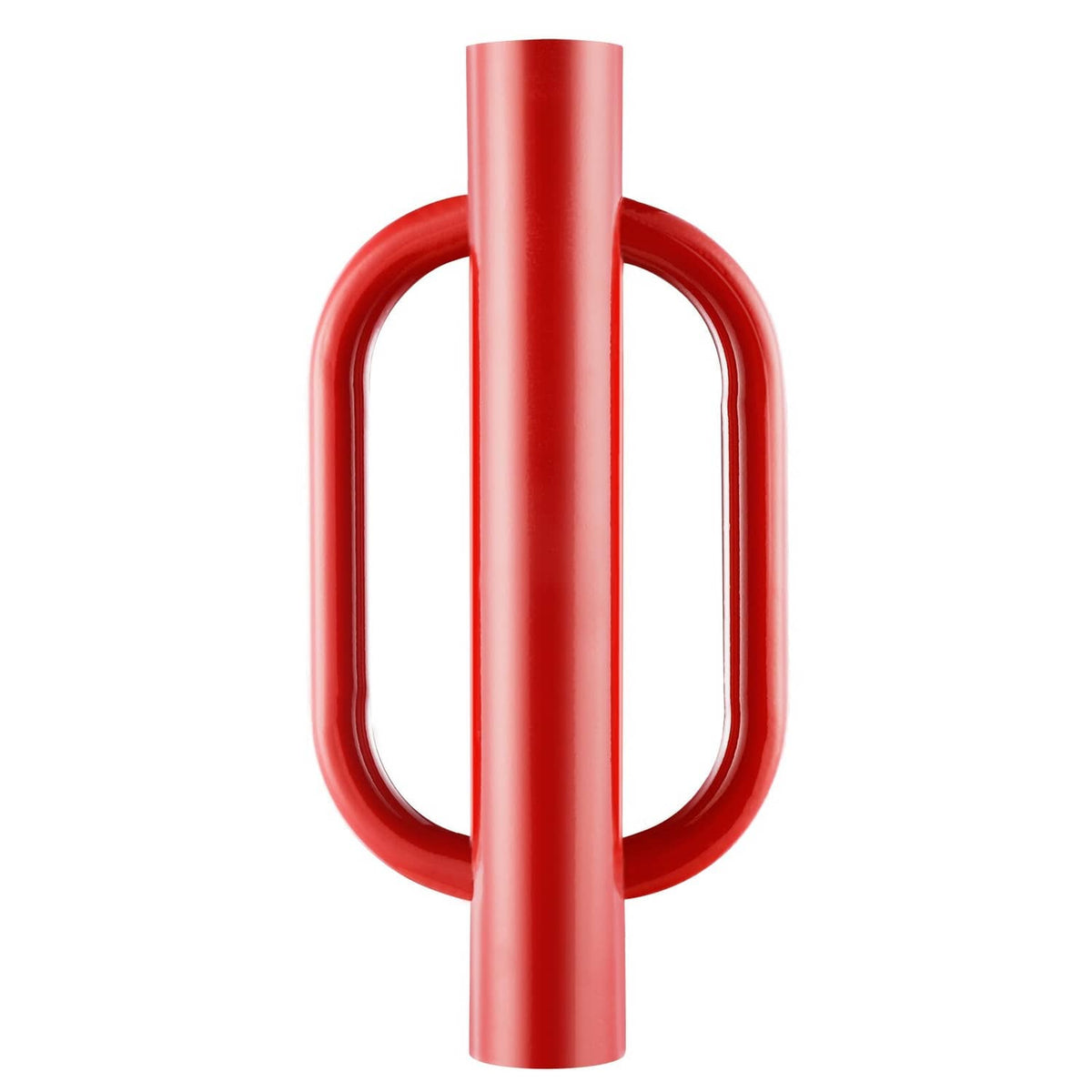 Red steel T-post pole pounder driver with two U-shaped side handles