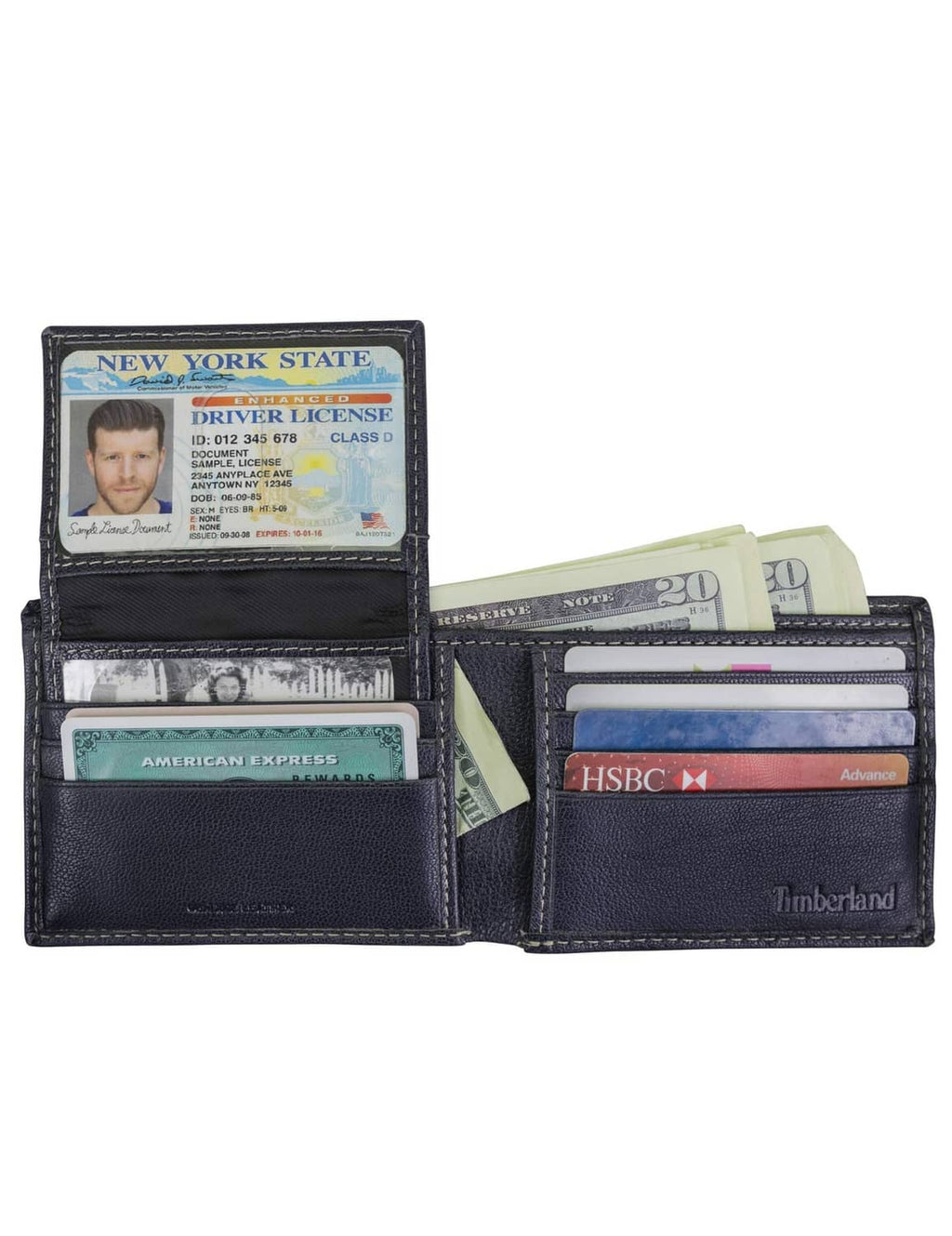 Navy leather bifold wallet interior showing ID window, card slots, and cash.