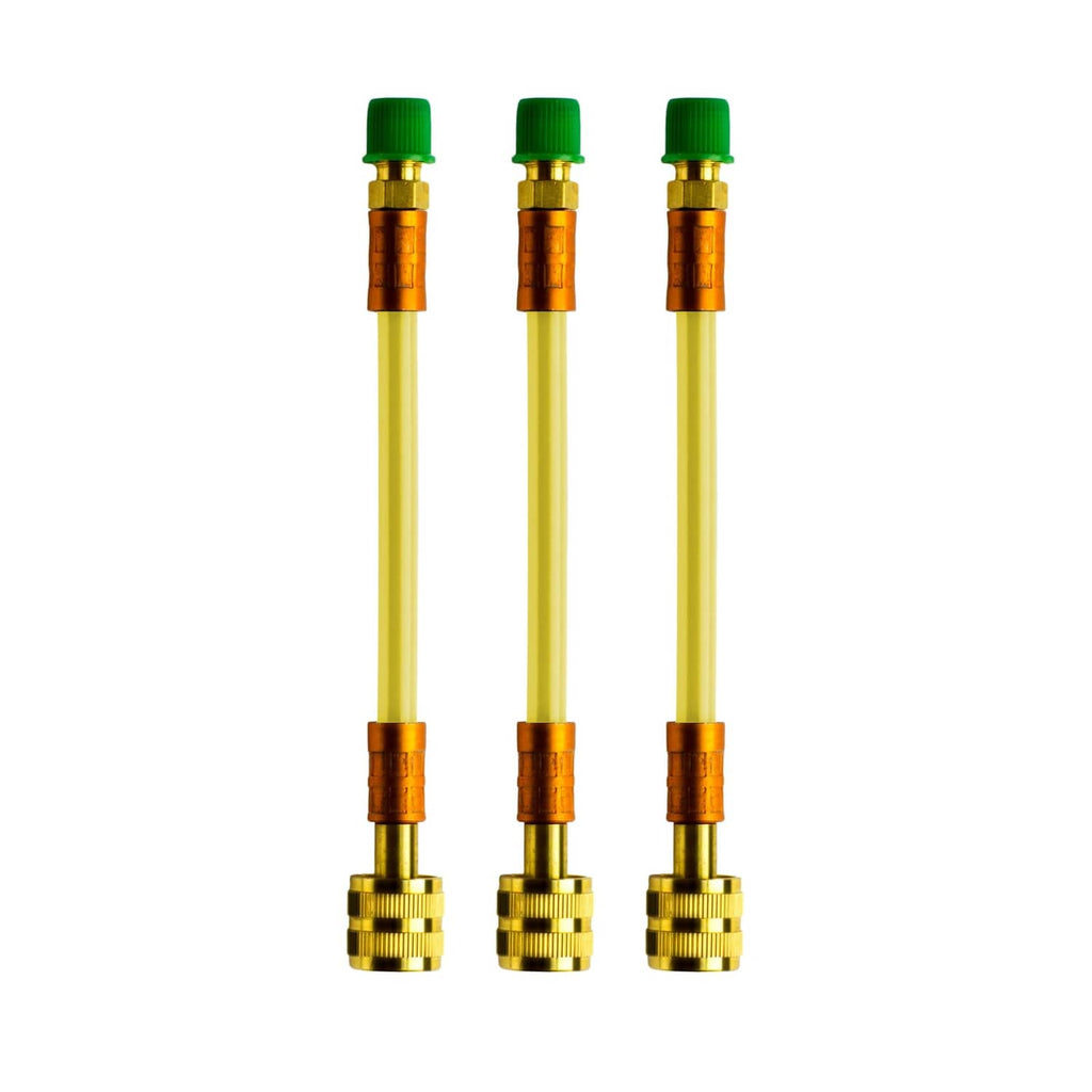 Three-piece AC leak saver direct inject set: brass injector tubes with green caps