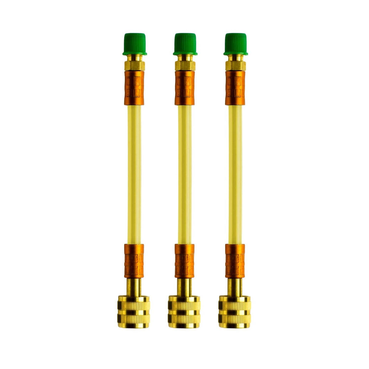 Three-piece AC leak saver direct inject set: brass injector tubes with green caps