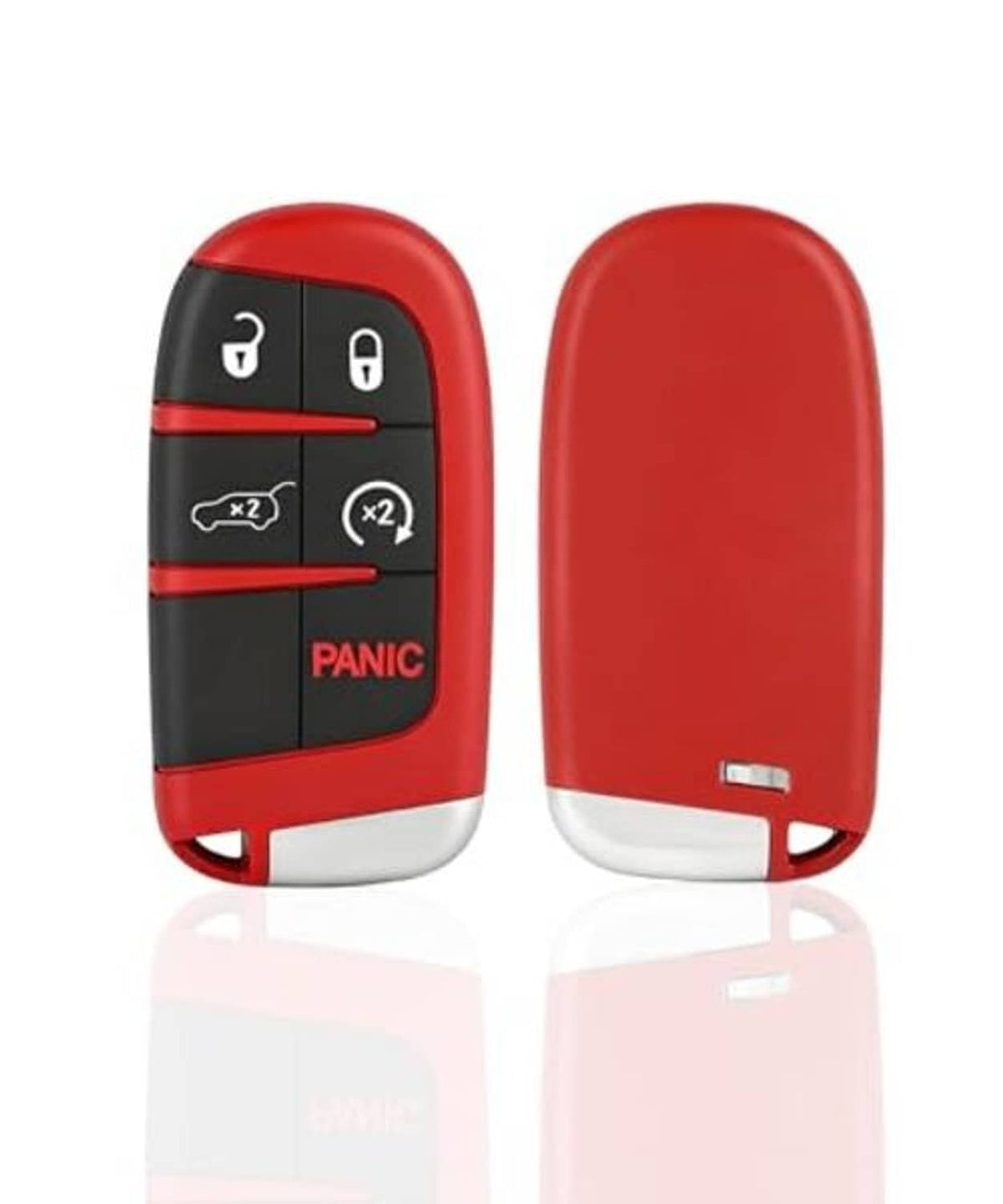 Red remote key fob showing front and back covers with metal keyring loop