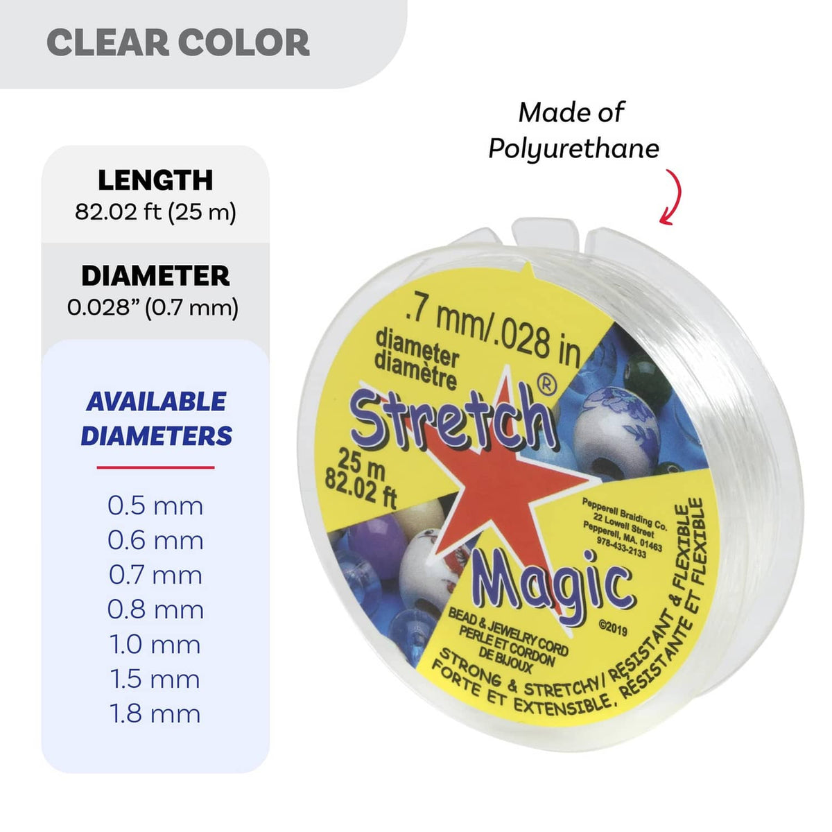 Stretch Magic clear beading cord spool with size info and polyurethane description