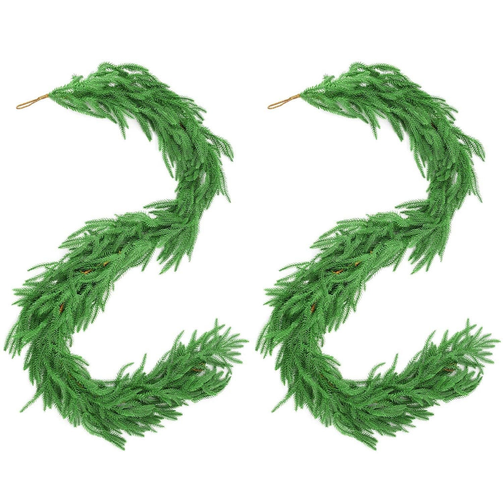 Two green artificial pine garland loops with fringed needle branches and looped ties.
