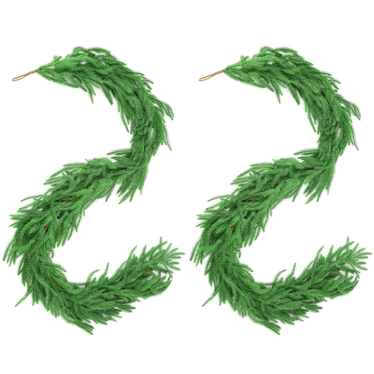 Two green artificial pine garland loops with fringed needle branches and looped ties.