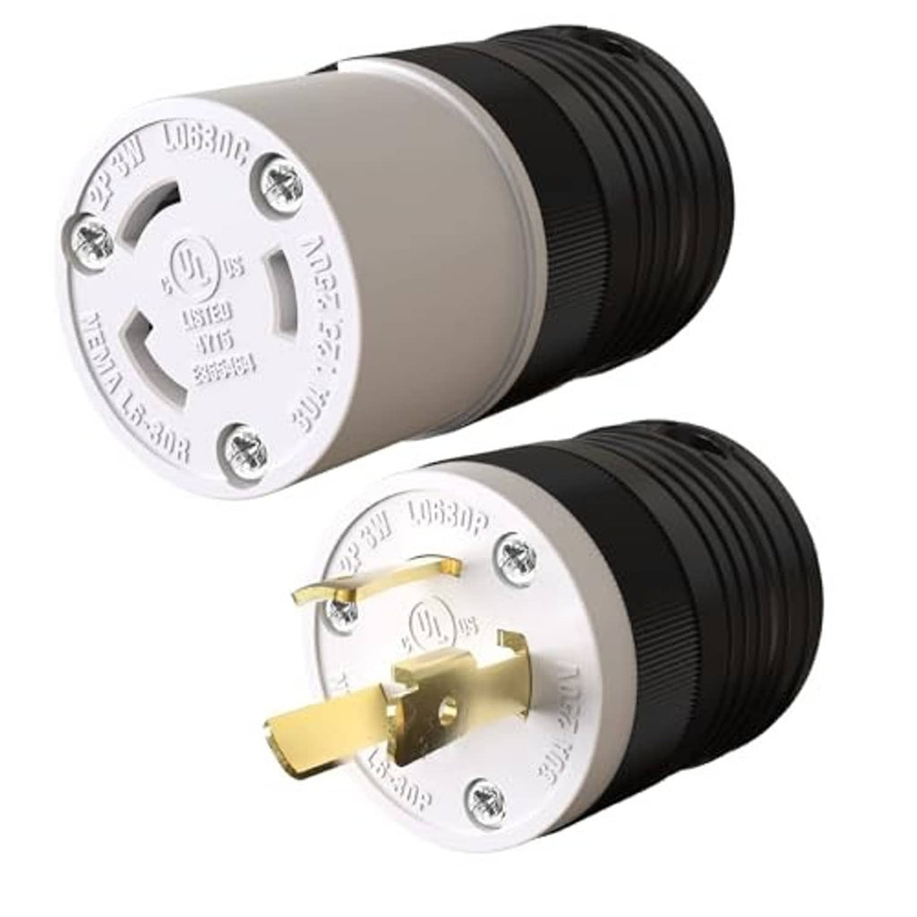 Black NEMA locking receptacle with silver face and gold contacts, ribbed housing