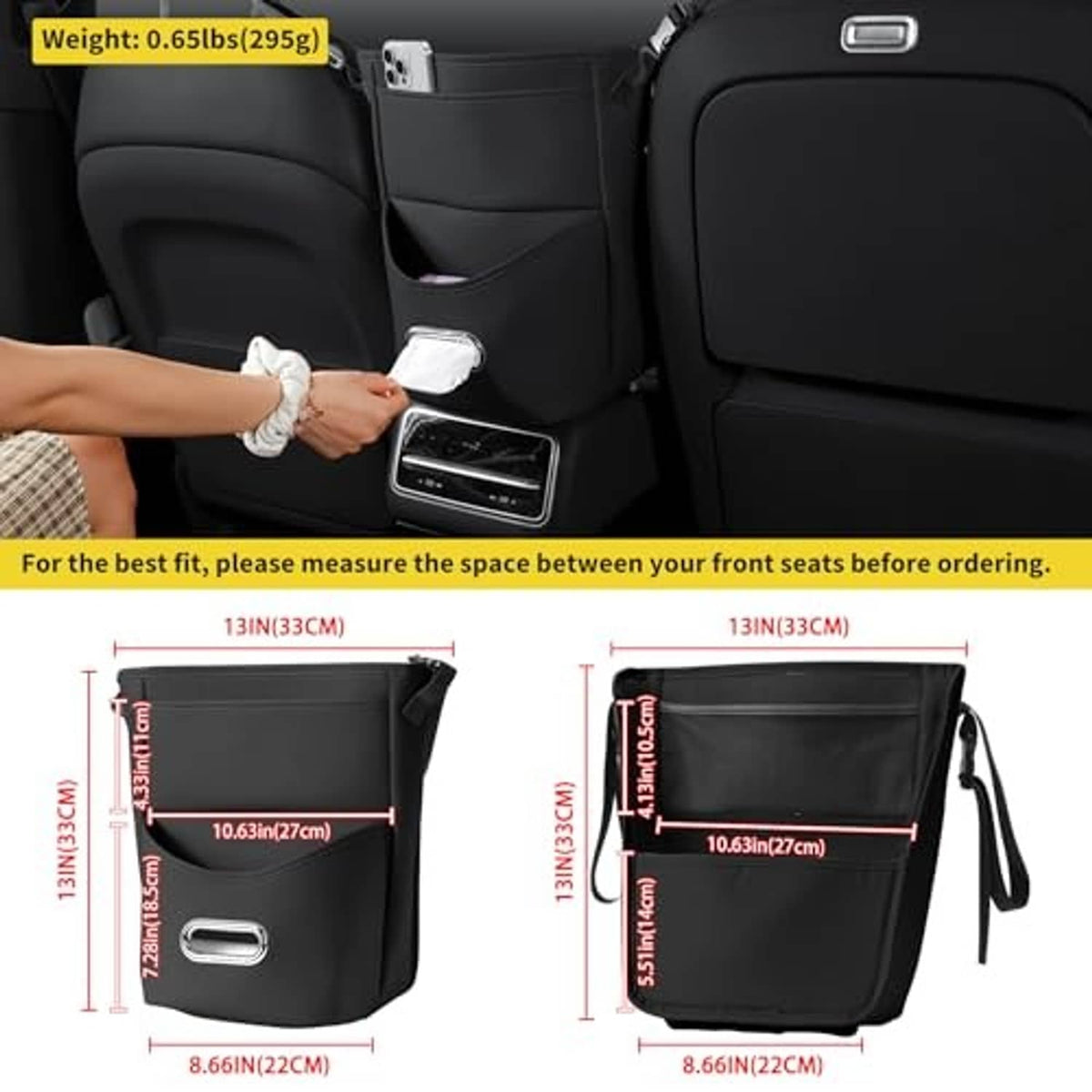 Black between-seat car organizer with tissue holder flap and front storage pocket