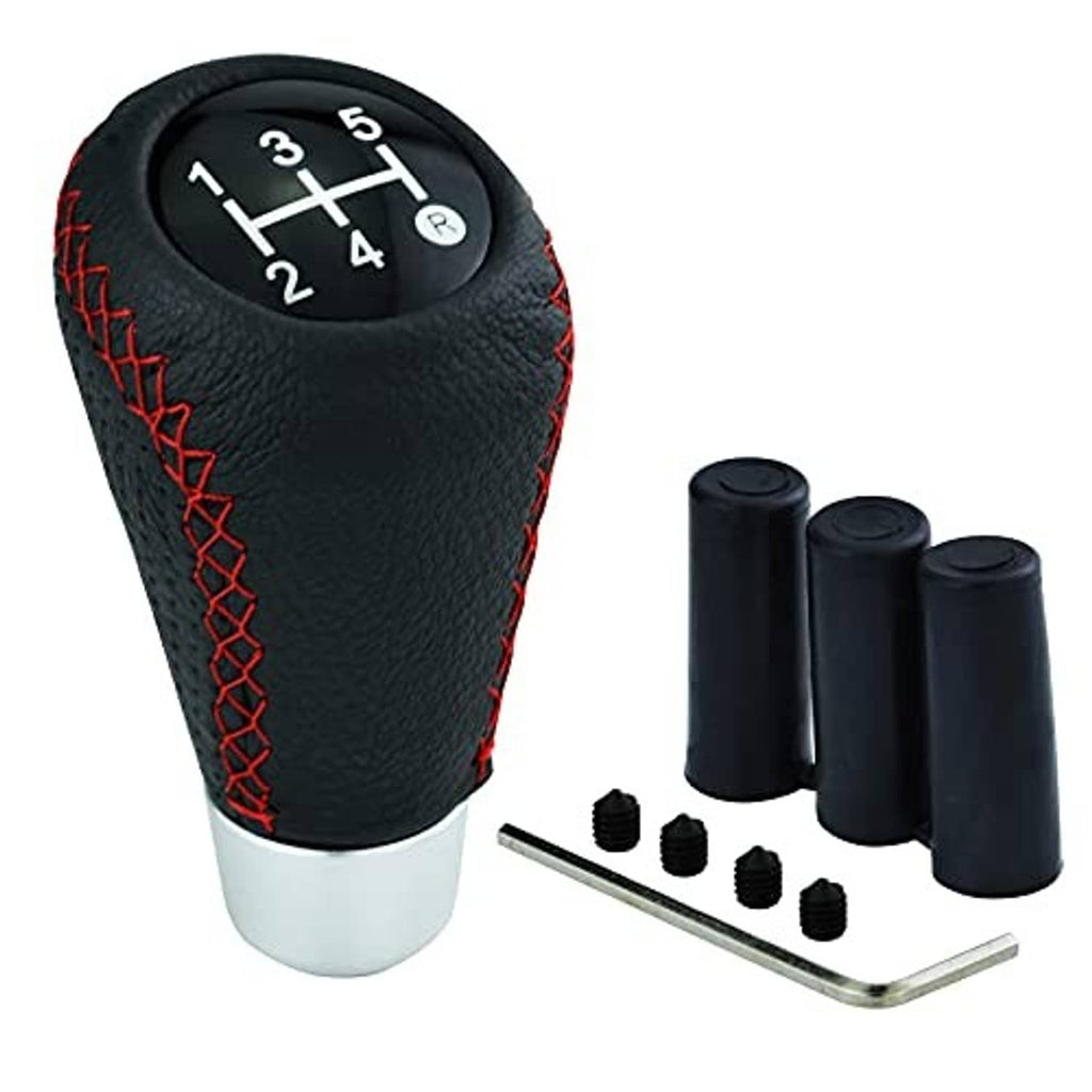 Black leather 5-speed gear shift knob with red stitching, shown with installation hardware