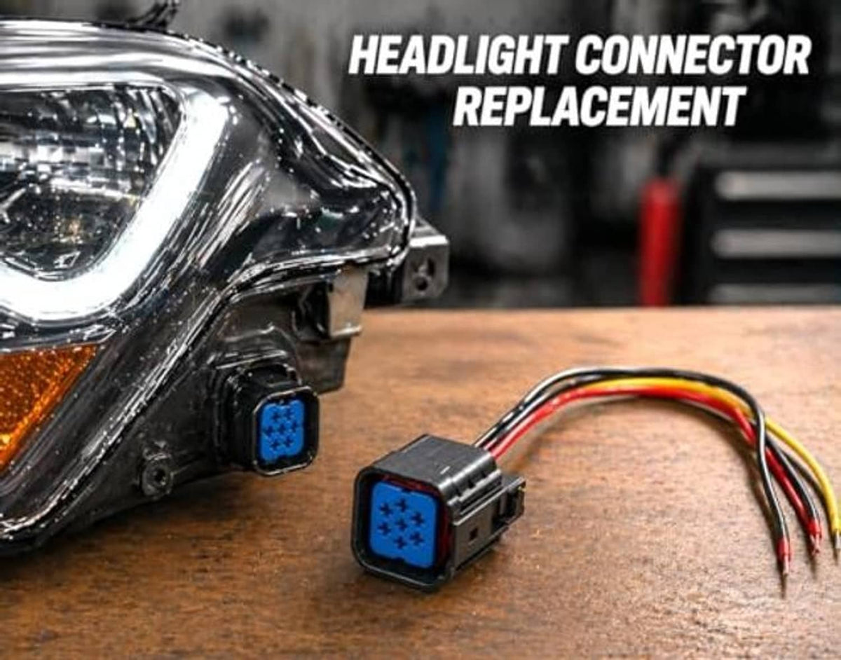 Headlight connector pigtail pair with blue sockets and multicolor wire leads