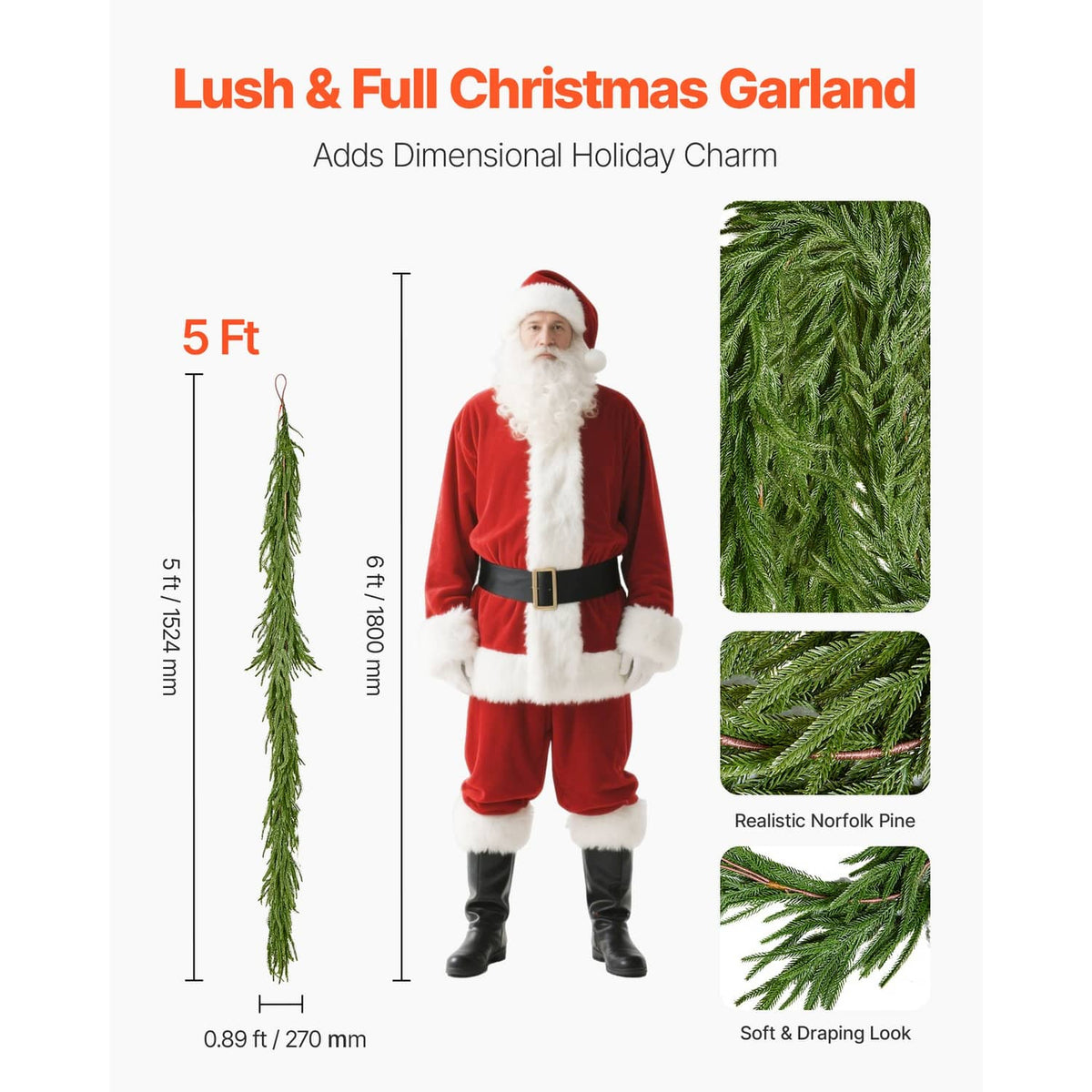 Artificial green pine garland, 5 ft long flexible strand decoration