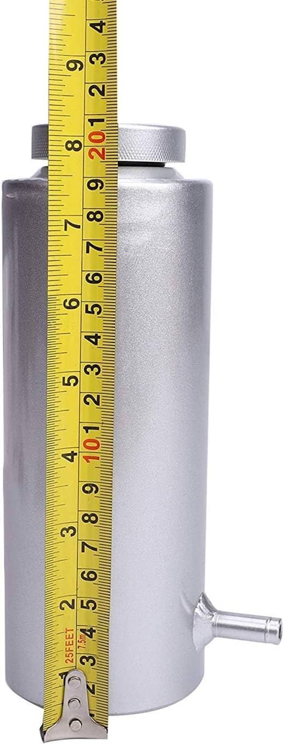 Aluminum coolant catch tank with measuring tape showing approximate height
