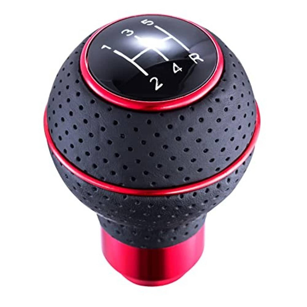 Perforated black leather 5-speed shift knob with red trim and numbered dial
