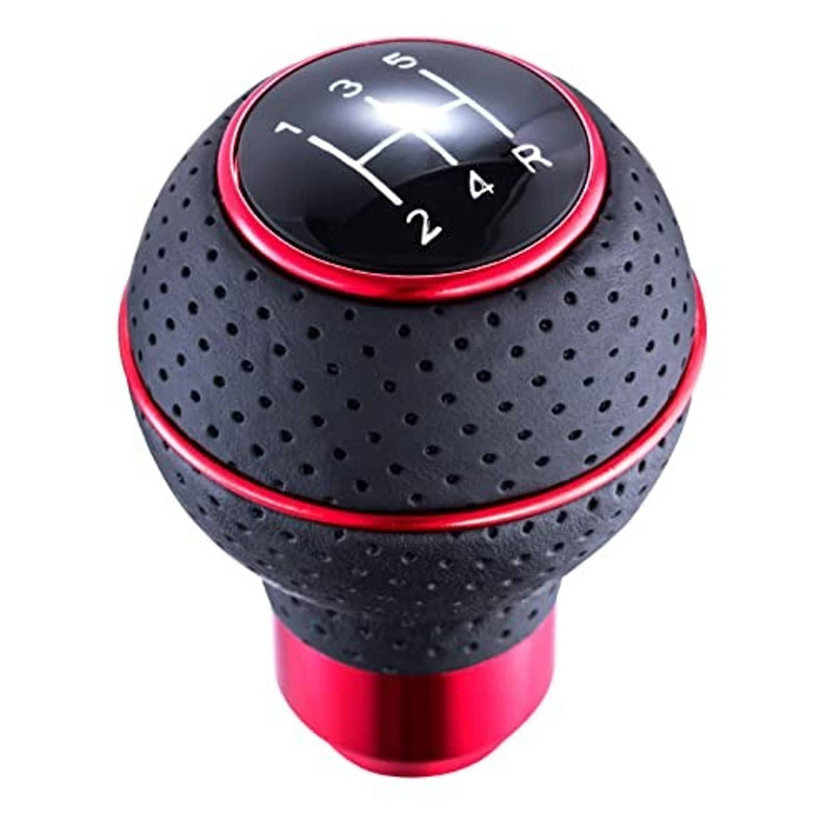 Perforated black leather 5-speed shift knob with red trim and numbered dial