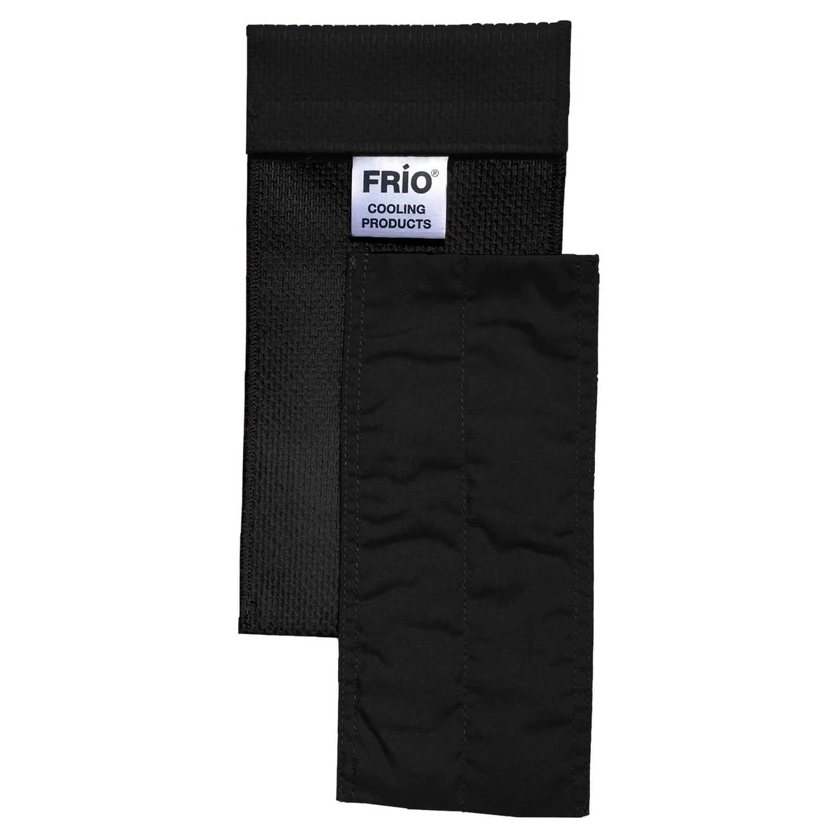 Black FRIO cooling wallet fabric sleeve with FRIO Products label patch