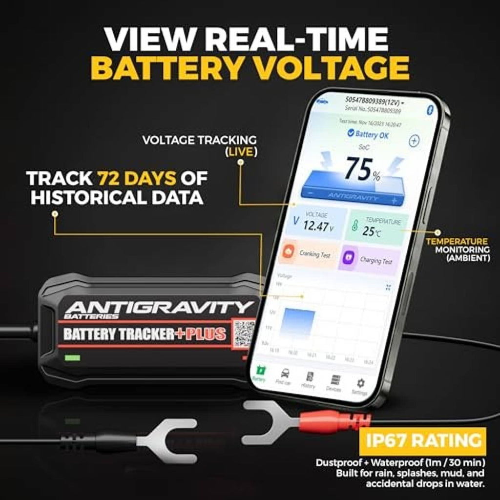 Black battery tracker plus device with red cable and smartphone displaying voltage graphs
