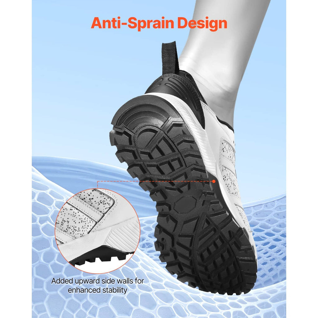 White cross-training sneaker with black laces and thick rubber outsole for support