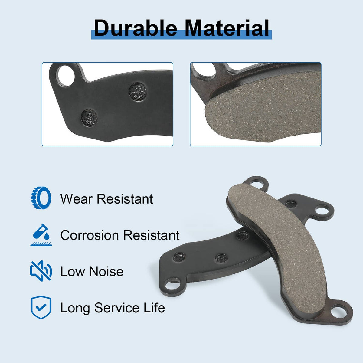 Curved disc brake pad with bolt holes and textured friction surface, close-up view
