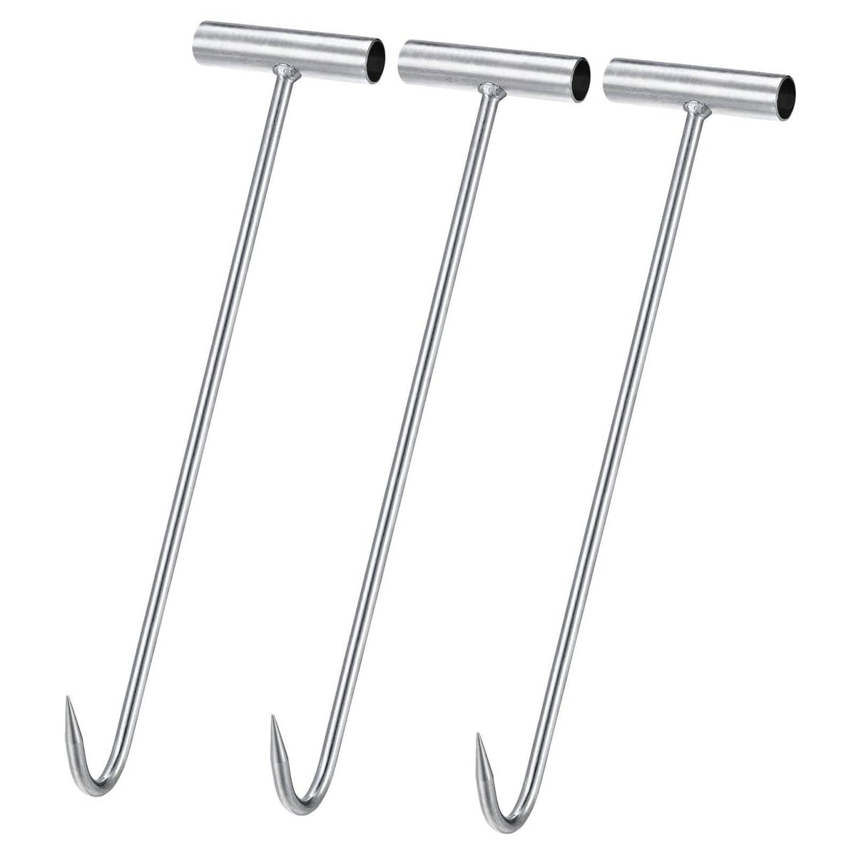 Galvanized meat boning hooks with T-handles, silver tone