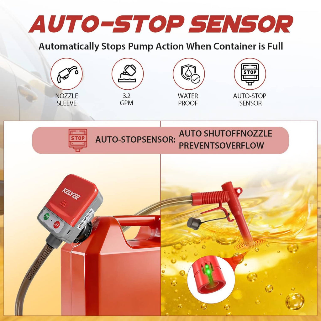 Red fuel transfer pump with auto-stop nozzle and controller, shown dispensing fuel