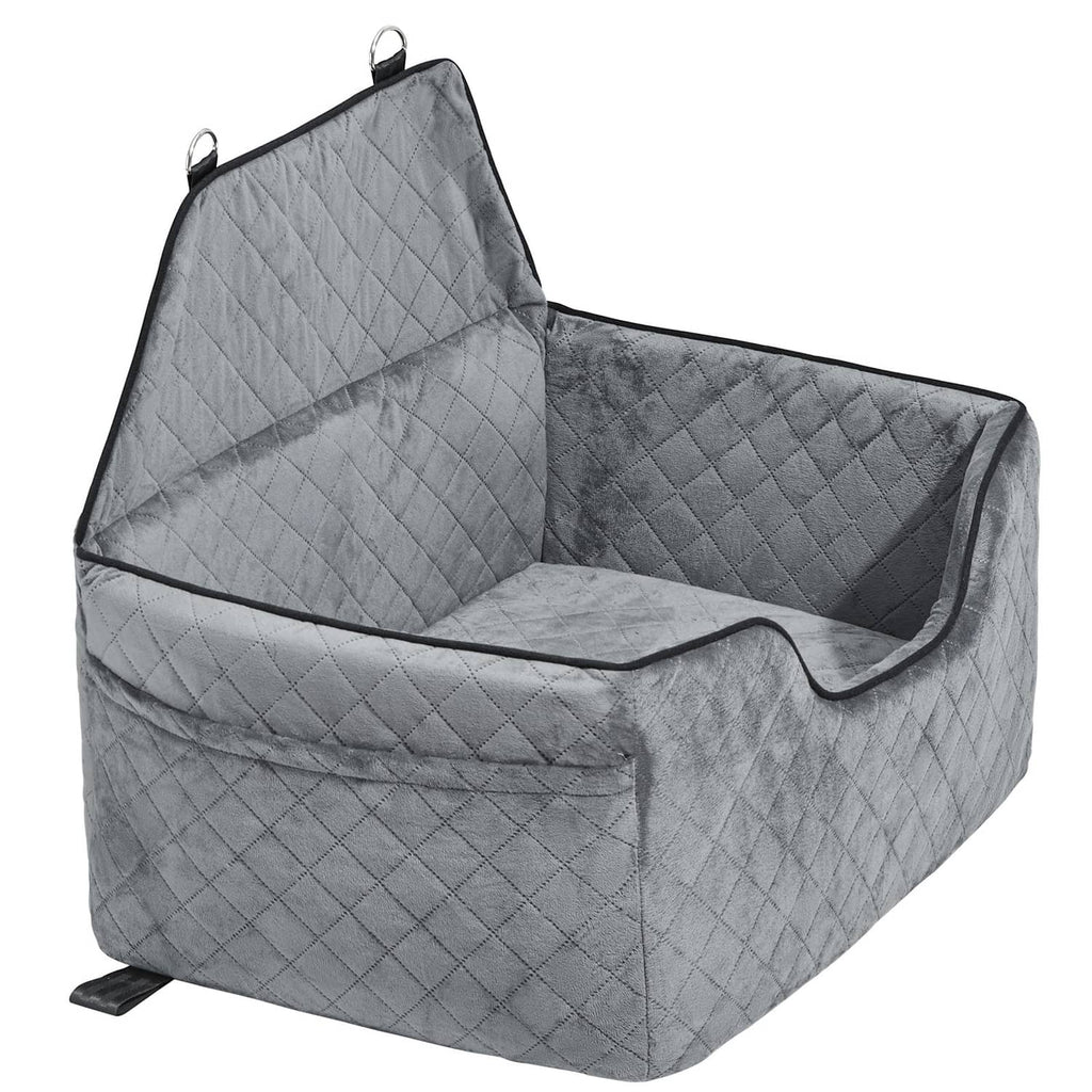 Gray quilted pet car booster seat with two top handles and cushioned interior