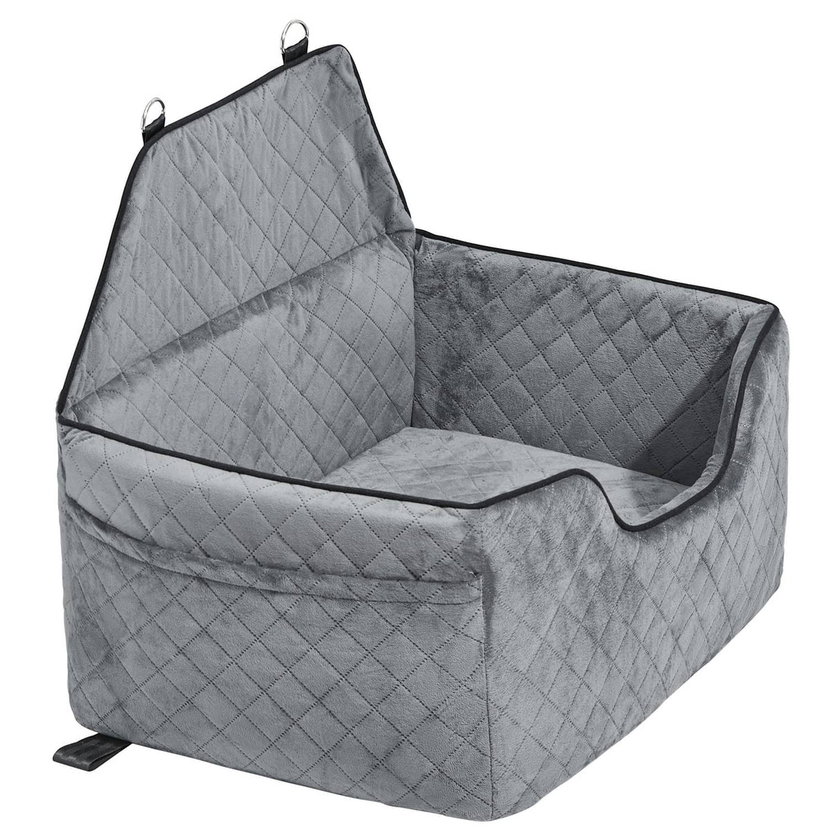 Gray quilted pet car booster seat with two top handles and cushioned interior