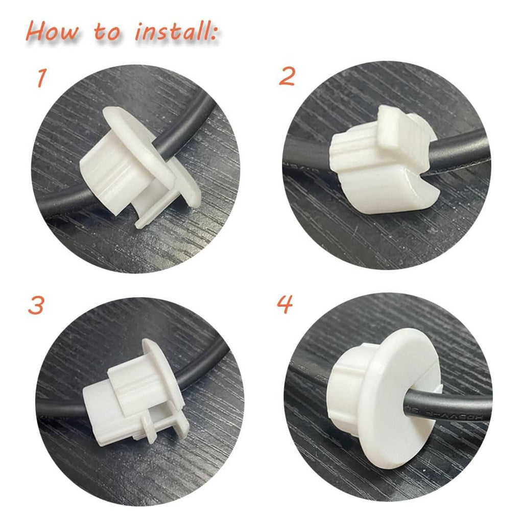 Set of white grommet pieces for step-by-step cable installation