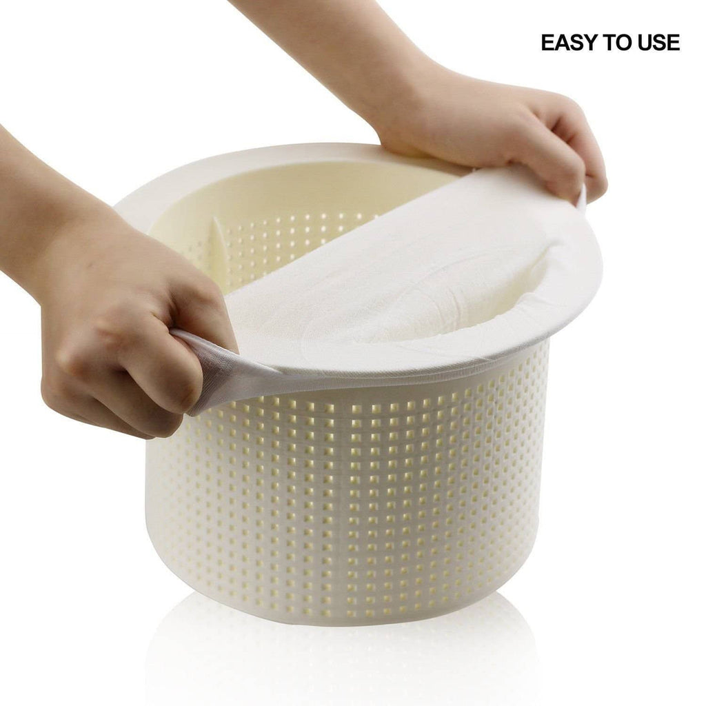 White pool skimmer sock filter basket with hands placing the mesh insert