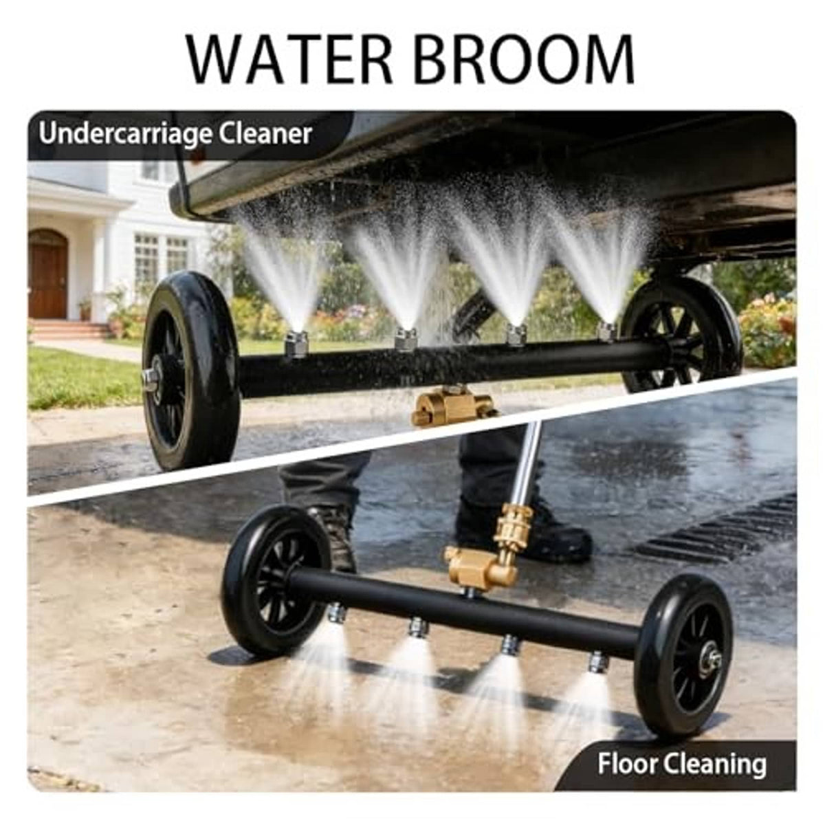Undercarriage washer water broom with multiple spray ports and black wheel stand