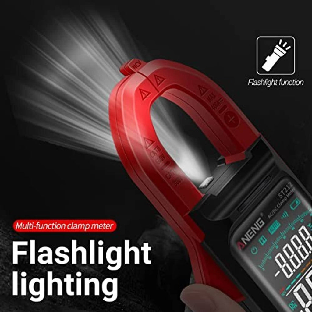 Red clamp multimeter with flashlight feature and digital LCD current reading
