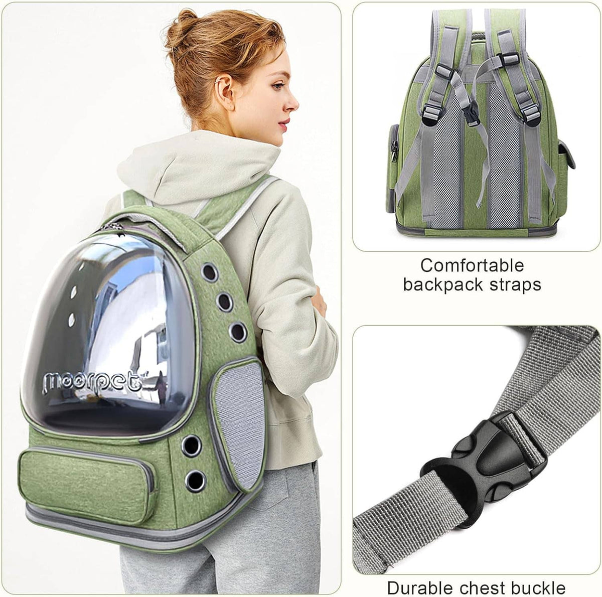 Green cat bubble backpack carrier with padded shoulder straps and adjustable chest buckle