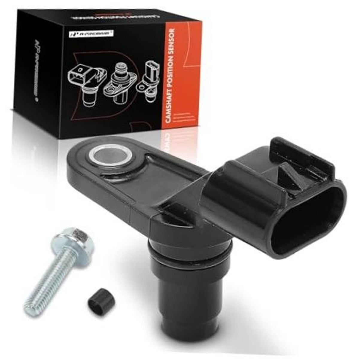 Black camshaft position sensor with mounting bracket and bolt hardware