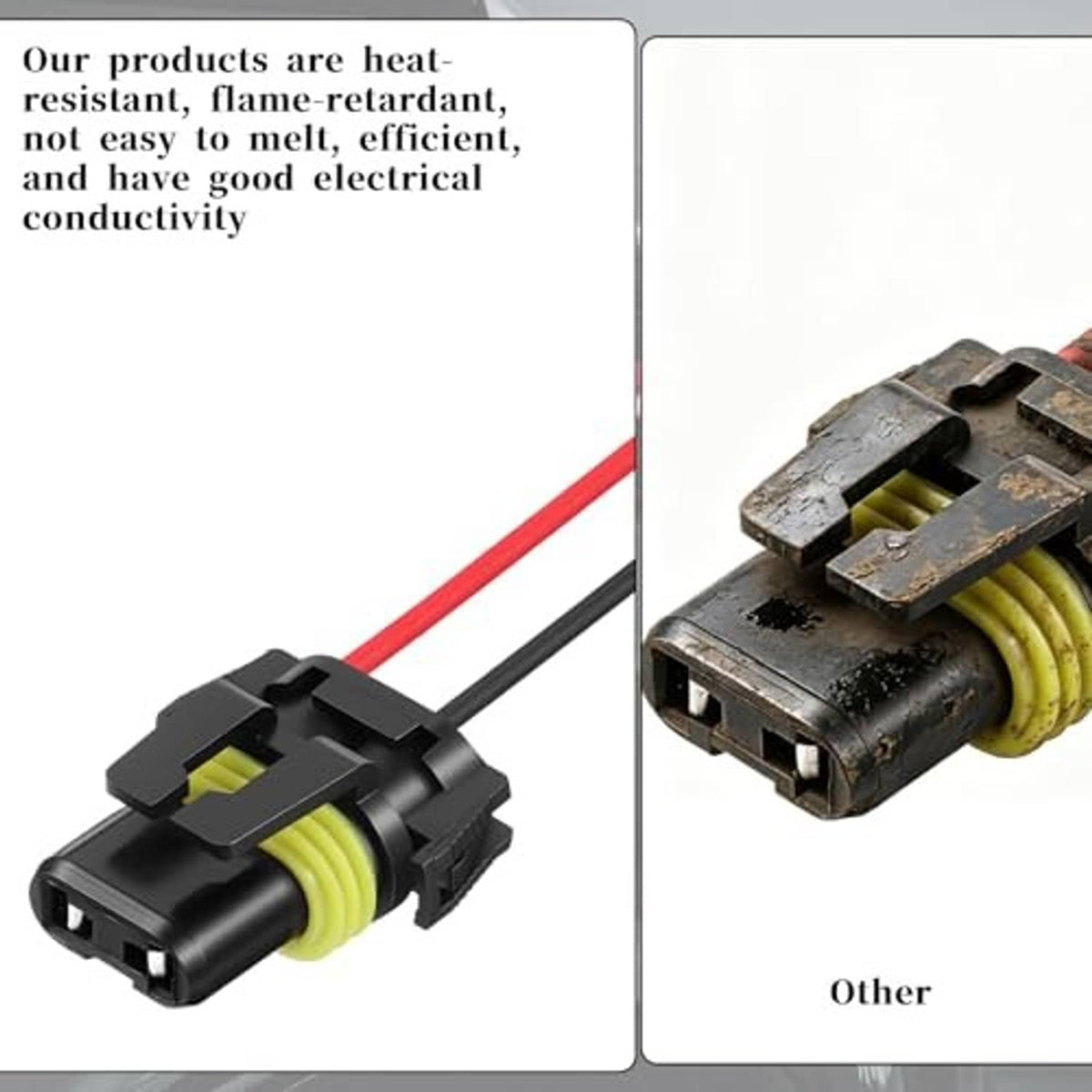Headlight wiring harness connector with black housing, yellow insulator, red/black wires