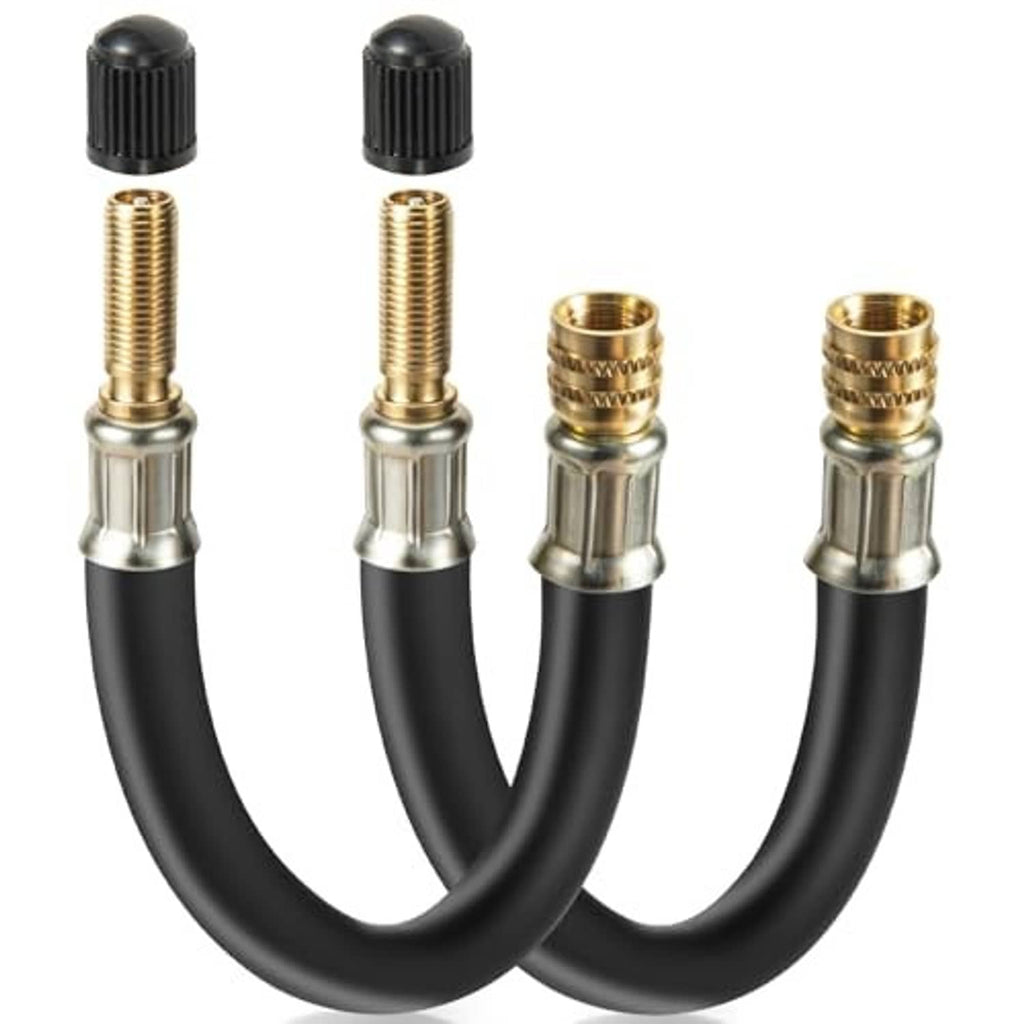 Two flexible black tire valve extender hoses with brass fittings and black end caps