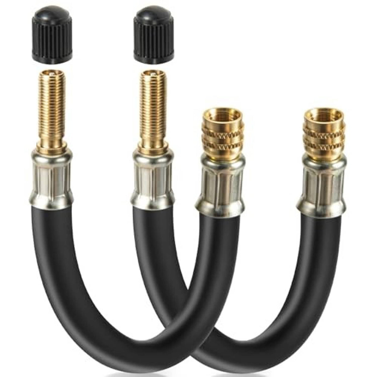Two flexible black tire valve extender hoses with brass fittings and black end caps