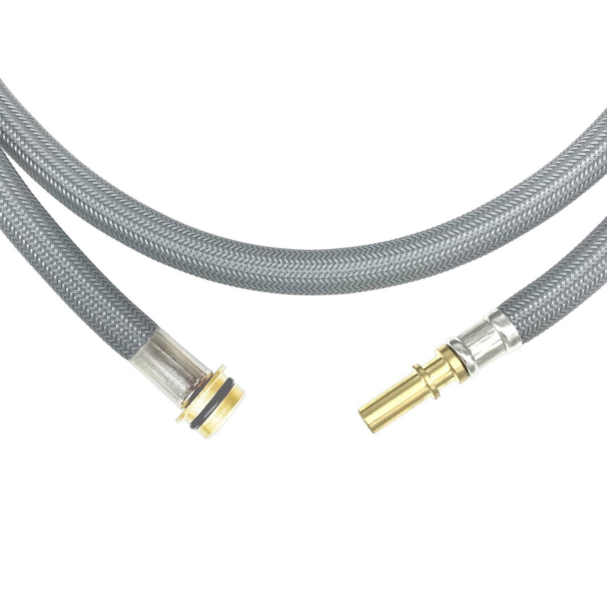 Gray braided faucet hose replacement with brass connector ends and metal couplers