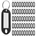 Black plastic key tags with clear label window and metal key ring, set of multiple