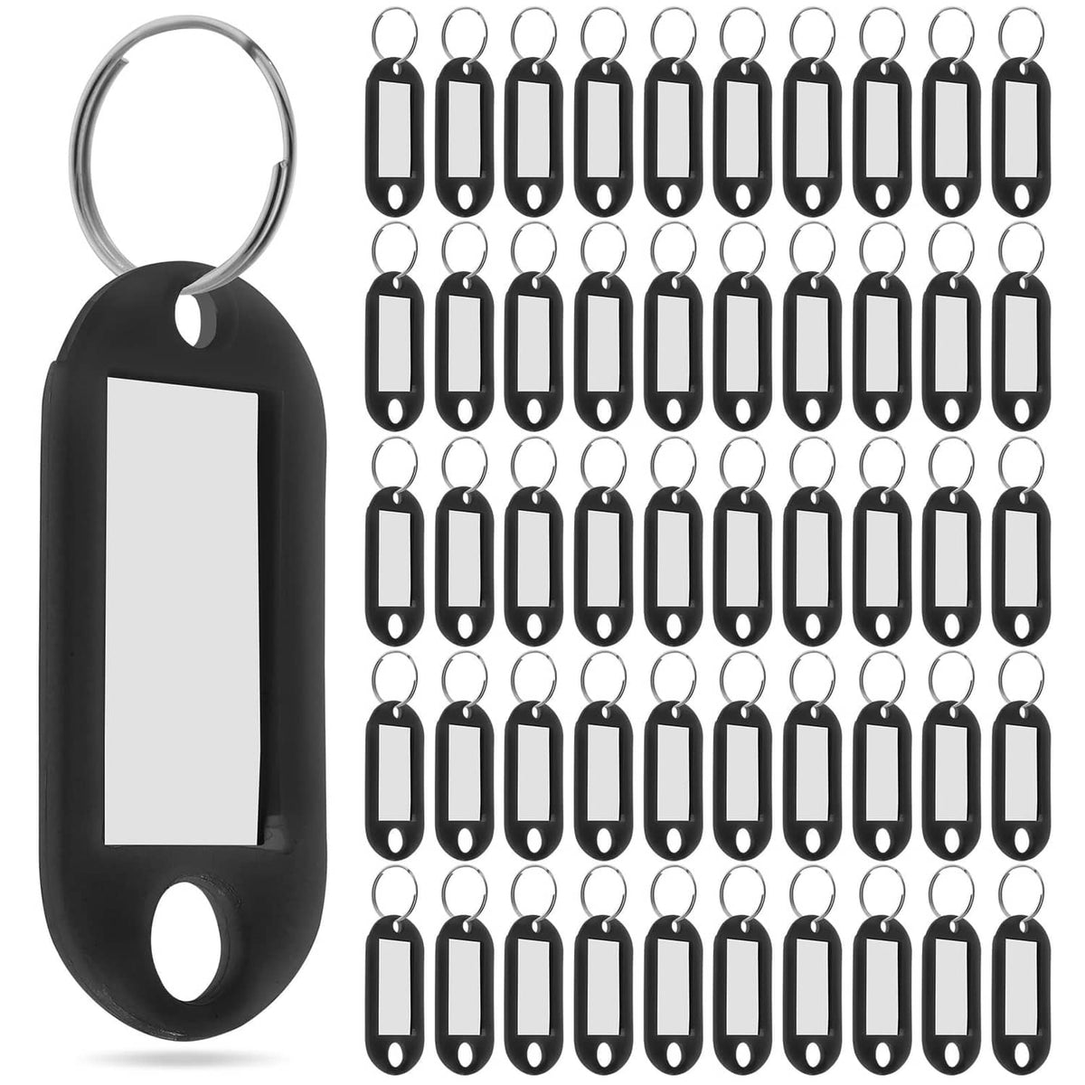 Black plastic key tags with clear label window and metal key ring, set of multiple